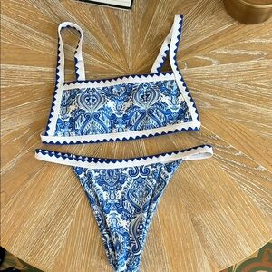 Blue and White Patterned Bikini Set
